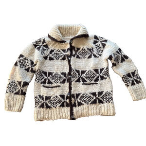 Vtg 60s COWICHAN Diamond Pattern Thick Chunky Wool Wood Button 20x23 Cardigan
